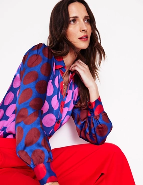 Hammered Satin Shirt-Tickled Pink, Spot V-neck Blouse OrganicCotton