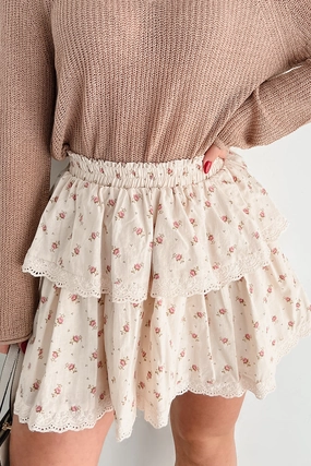 Stitched With A Story Floral Ruffle Mini Skirt (Cream/Multi) Functional Design