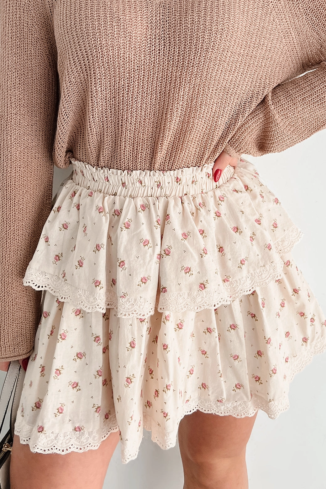 Stitched With A Story Floral Ruffle Mini Skirt (Cream/Multi) Daily Wear