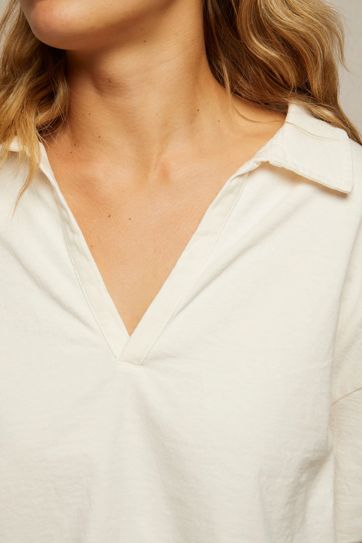 DoubleStitchedSeams Low Profile Zipper Closure Alison Jersey Collard Shirt in Bright Ivory