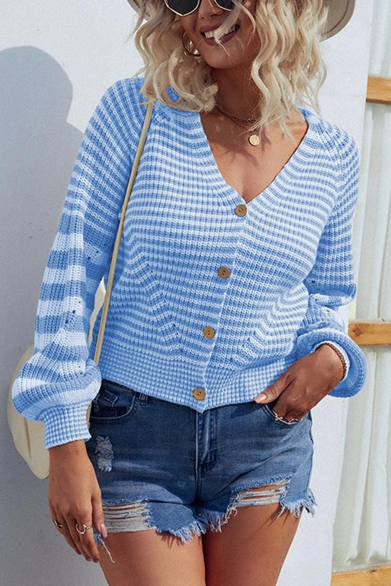 BUTTON DOWN STRIPE KNITTED SHORT CARDIGAN Elegant Cardigan ZeroWasteProduction