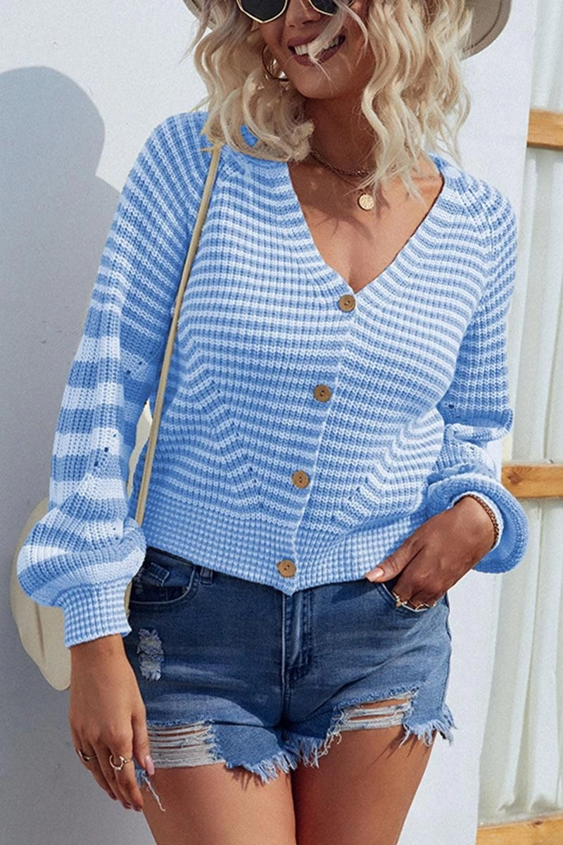 BUTTON DOWN STRIPE KNITTED SHORT CARDIGAN Smooth Zipper Integration Outdoor Apparel