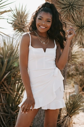 NonRestrictive Armholes I Don't Kiss & Tell Faux Wrap Ruffle Mini Dress (Ivory)