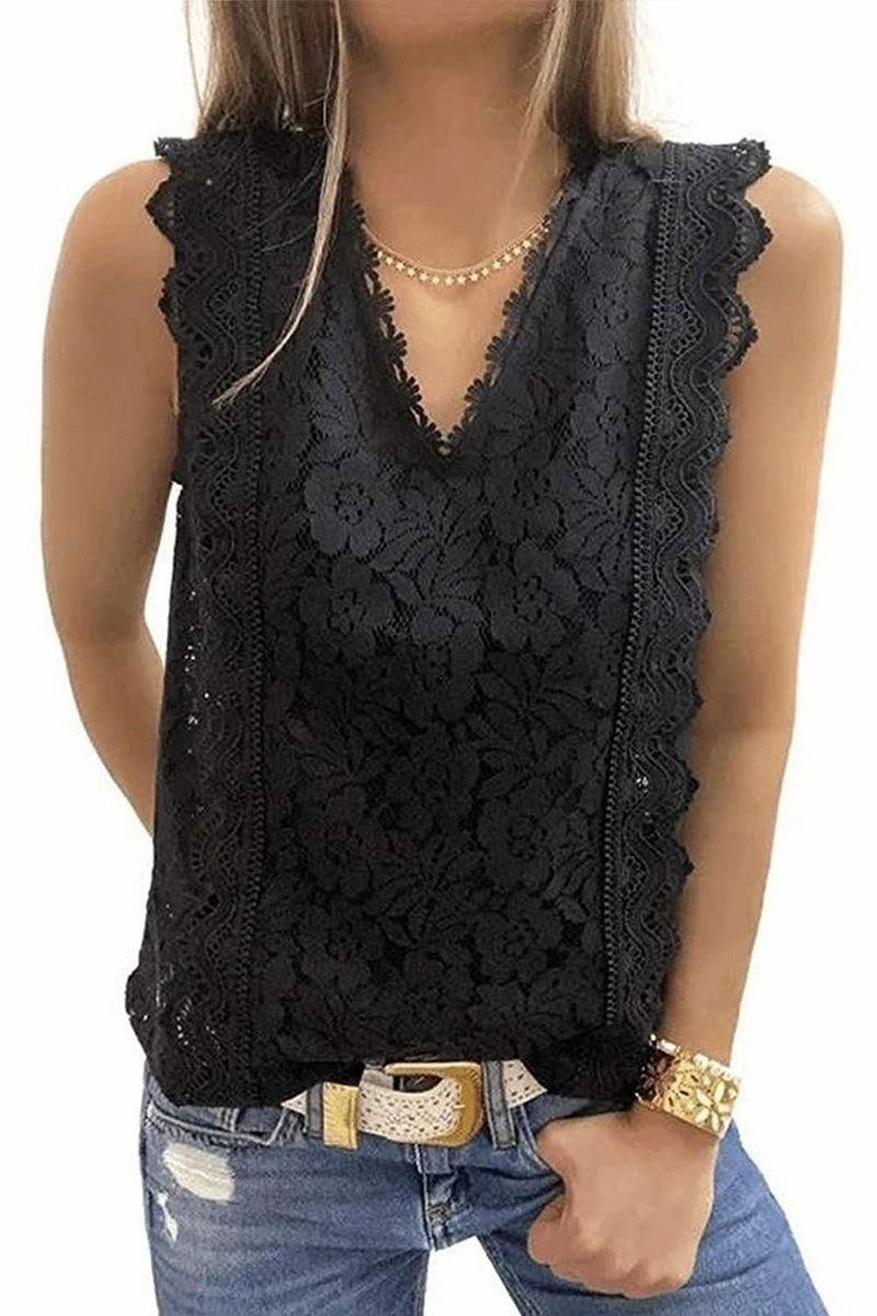 V NECK FLORAL LACE MESH SLEEVELESS TOP Reinforced Stress Points