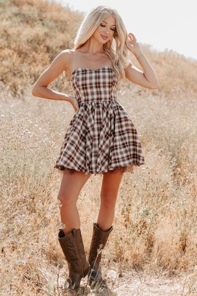 Soft Lines Misfit Muse Plaid Strapless Mini Dress (Brown)