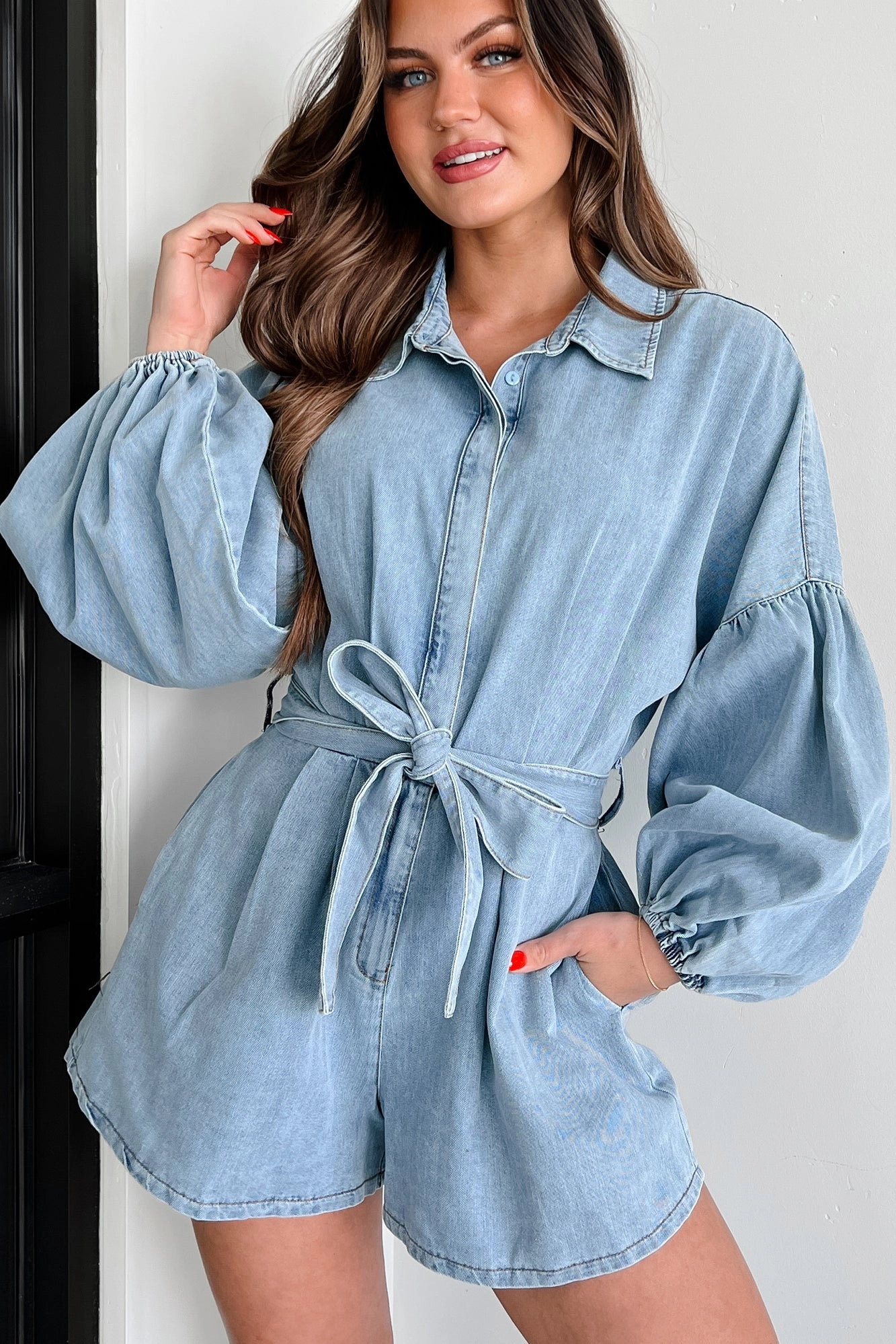Modern Direction Denim Balloon Sleeve Romper (Denim) Breathable Fit Lawn Soft