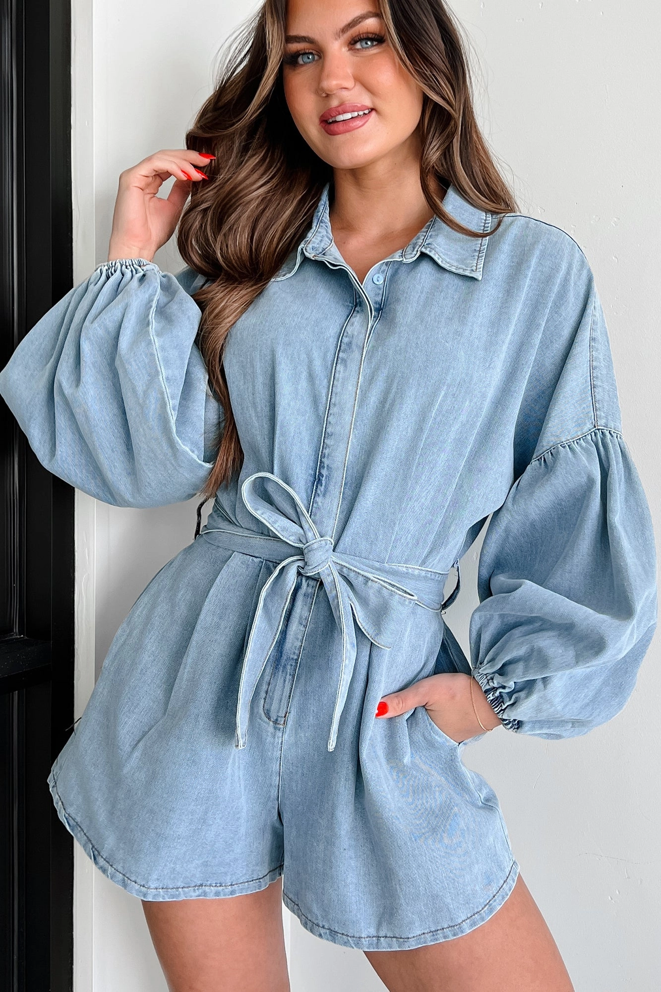 Retro Style Yarn Dyed Fabric Modern Direction Denim Balloon Sleeve Romper (Denim)