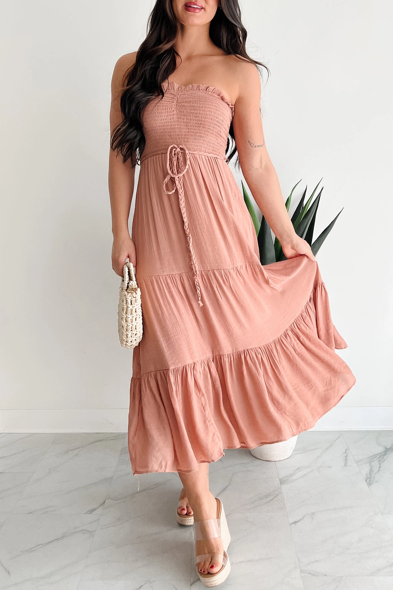 Refined Vibe Flattering Silhouette Wear All About Class Strapless Smocked Maxi Dress (Clay)