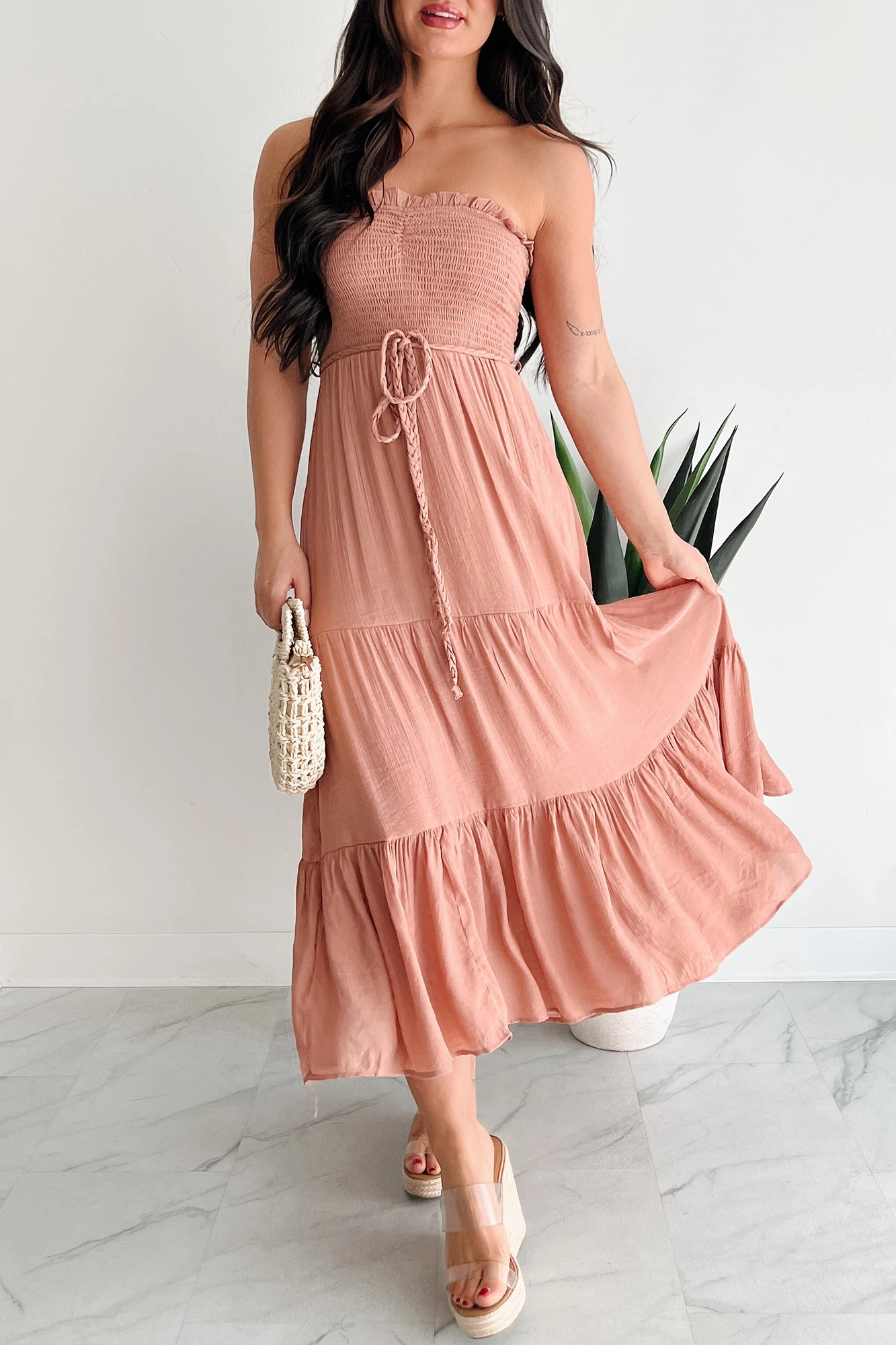 All About Class Strapless Smocked Maxi Dress (Clay) Neutral-Shade Knit Cool