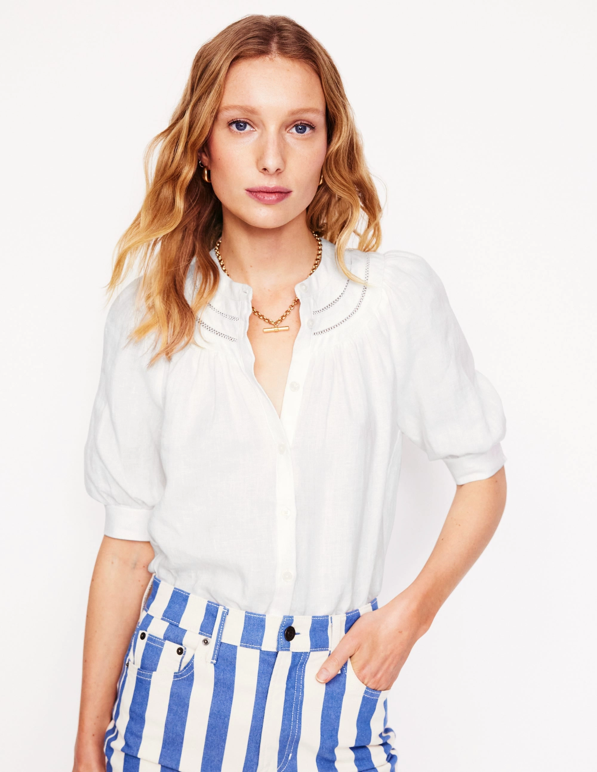 Bea Linen Top-White Variable Tension Adjustment Layered Hem Detailing