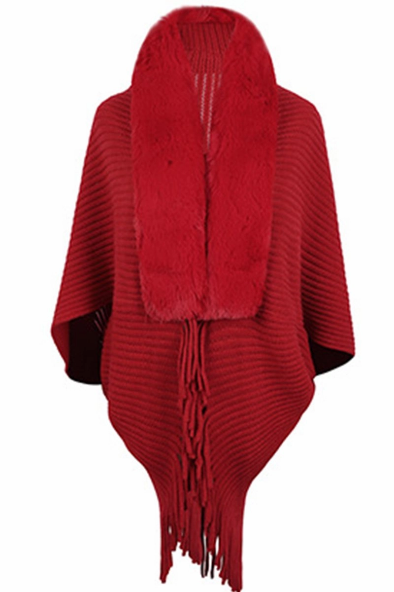 WOMEN WINTER FURRY TASSEL DETAILED SHAWL WRAP Basic Sweatshirt