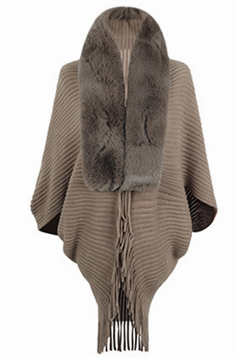 Bound Seam Edges AntiStatic Material WOMEN WINTER FURRY TASSEL DETAILED SHAWL WRAP