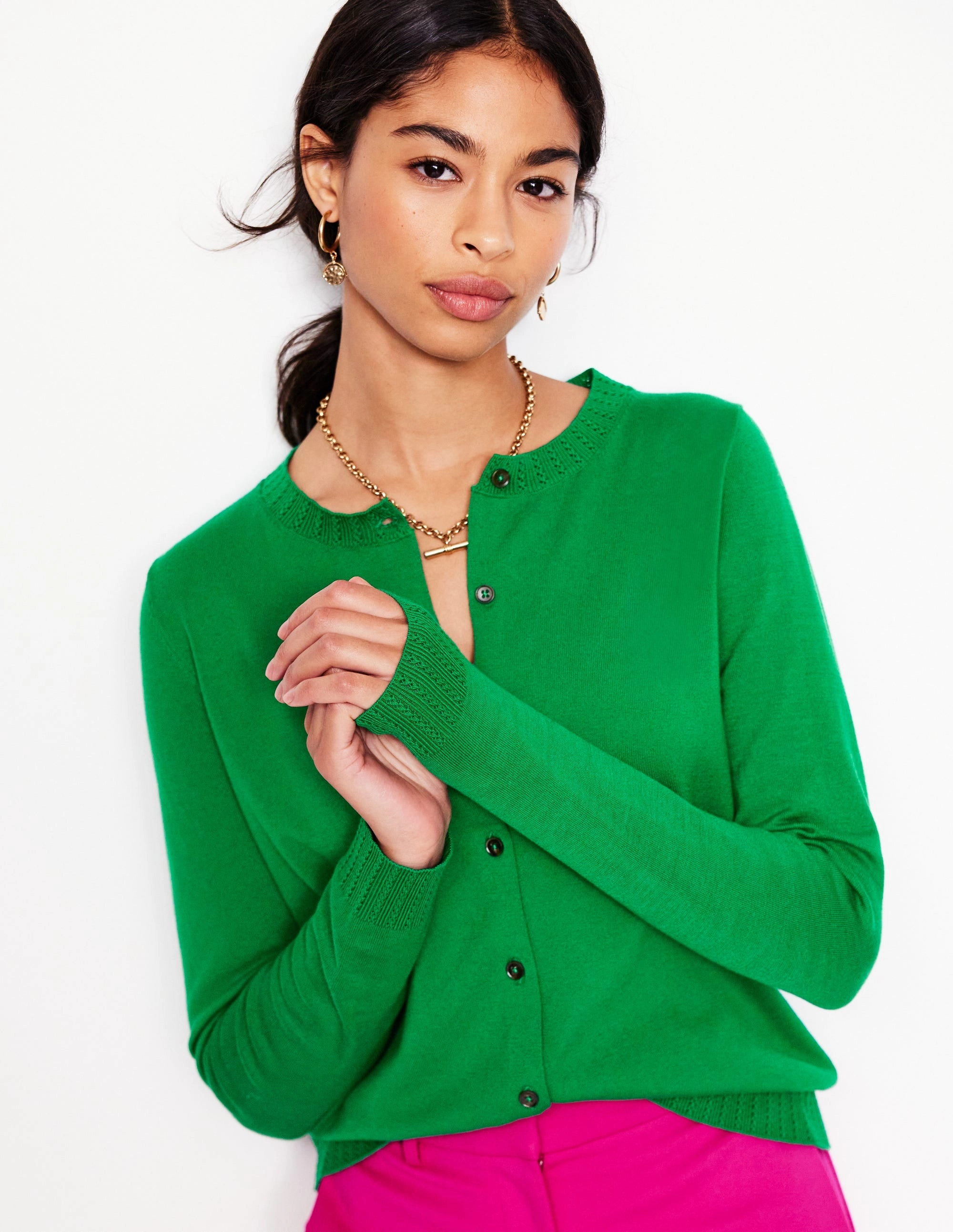 Cozy Interior Fleece Oversized Fit Emilia Cotton Crew Cardigan-Rich Emerald