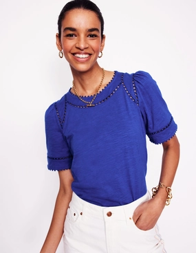 Mila Trim Detail Top-Bright Blue BreathableMeshPanels Sheer Overlay Material