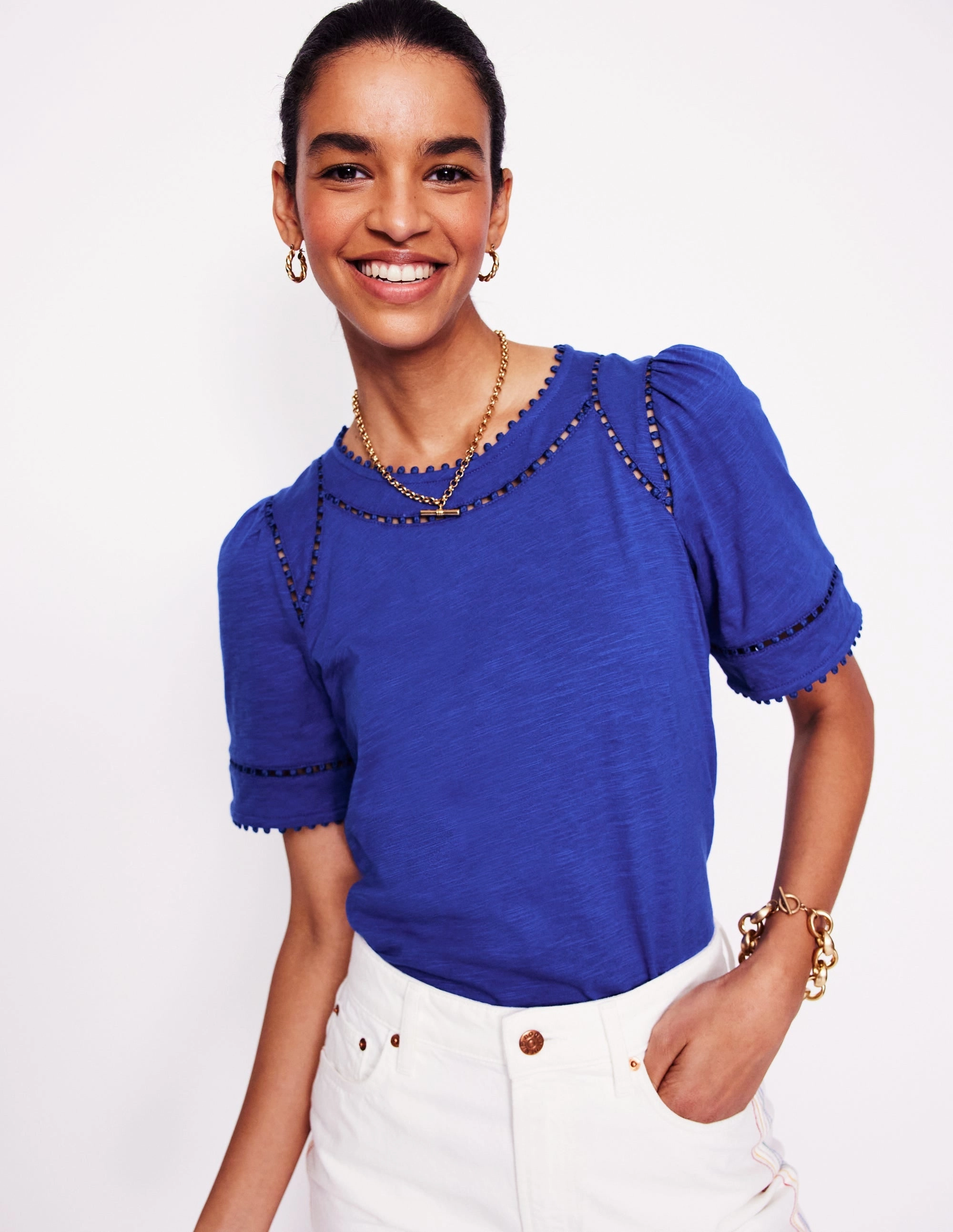 Mila Trim Detail Top-Bright Blue BreathableMeshPanels Sheer Overlay Material