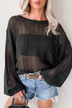 Built In Filter Layer Anti Pilling Fabric Feel Good Flow Open Knit Zenana Sweater (Black)