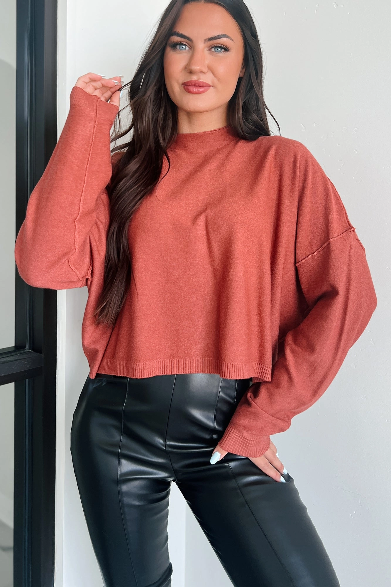 Tabitha Long Sleeve Zenana Top (Rust) Scoop Neck Shape StretchFit