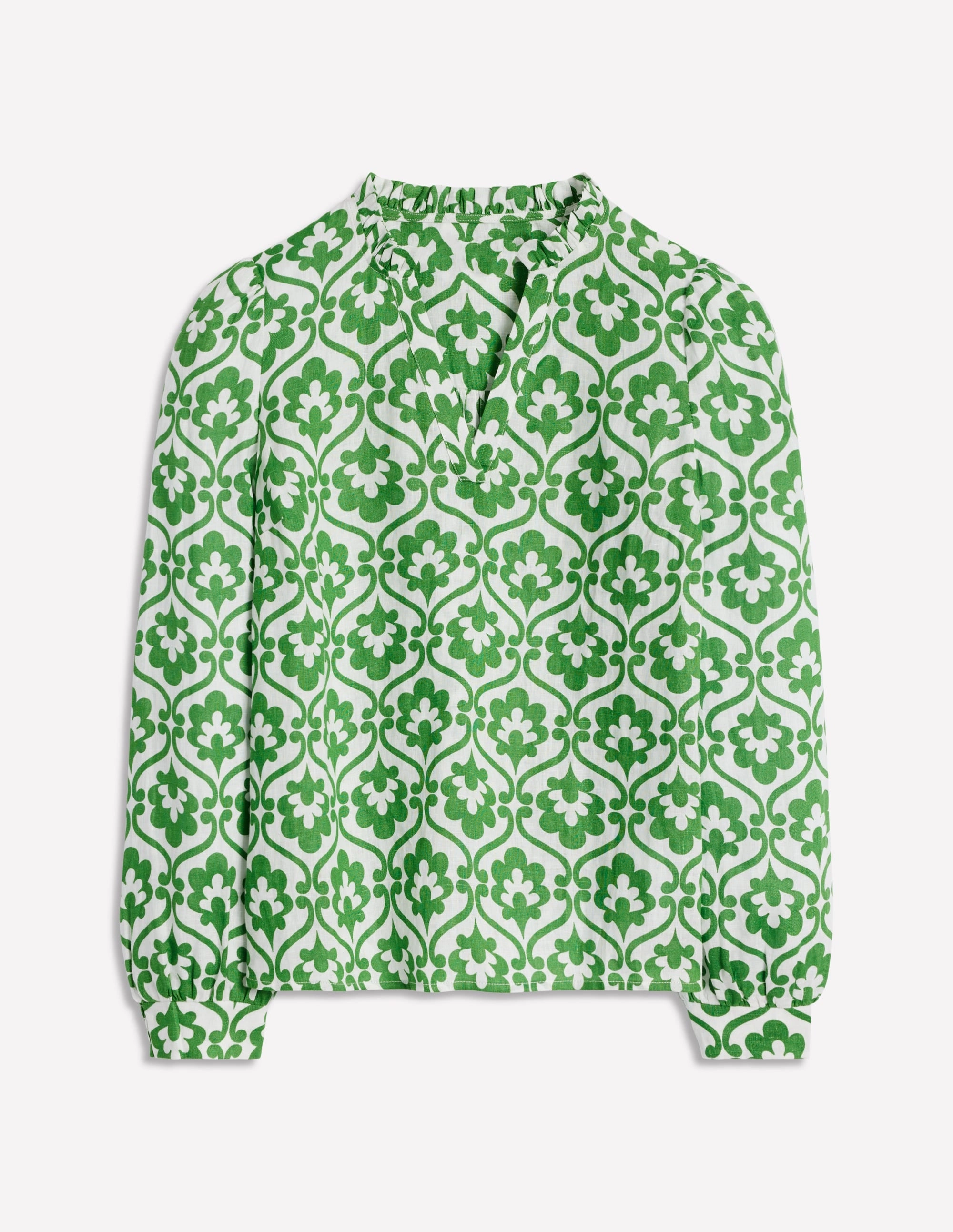 NonRestrictiveCollar Grace Linen Top-Paradise Green, Ivy Trellis