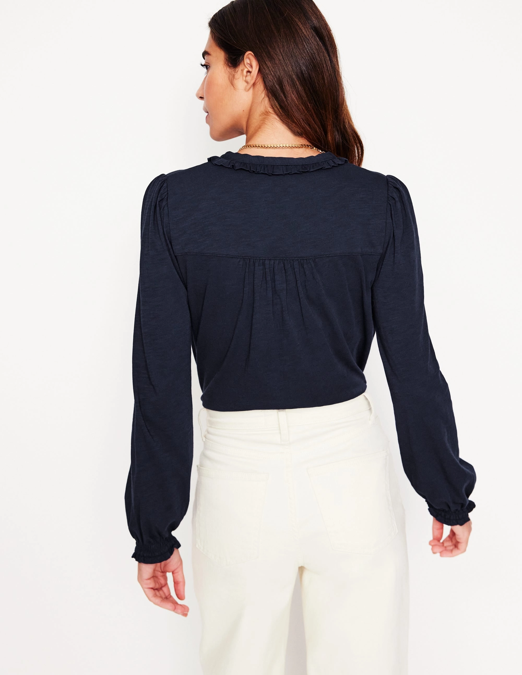 Poppy Ruffled Henley Top-Navy High Thread Count Cotton