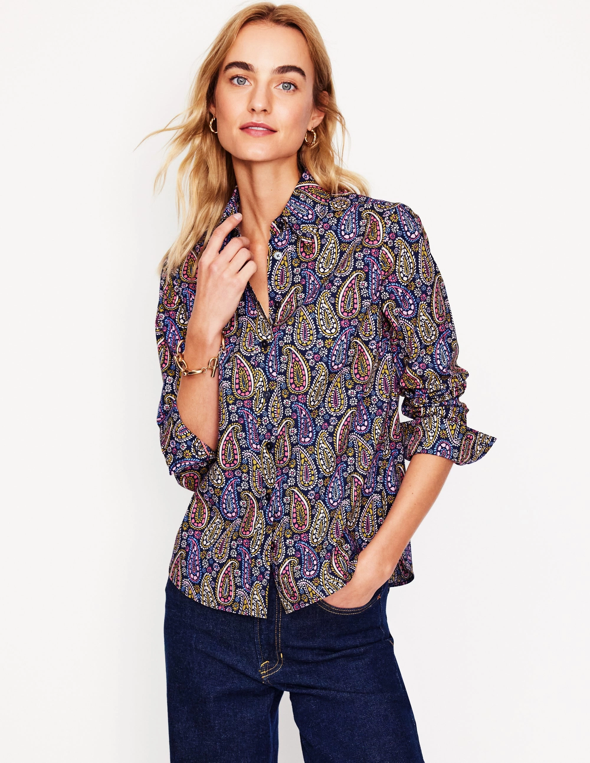 Sienna Cotton Shirt-Dawn Blue, Illustrated Paisley Ribbed Knit Fabric