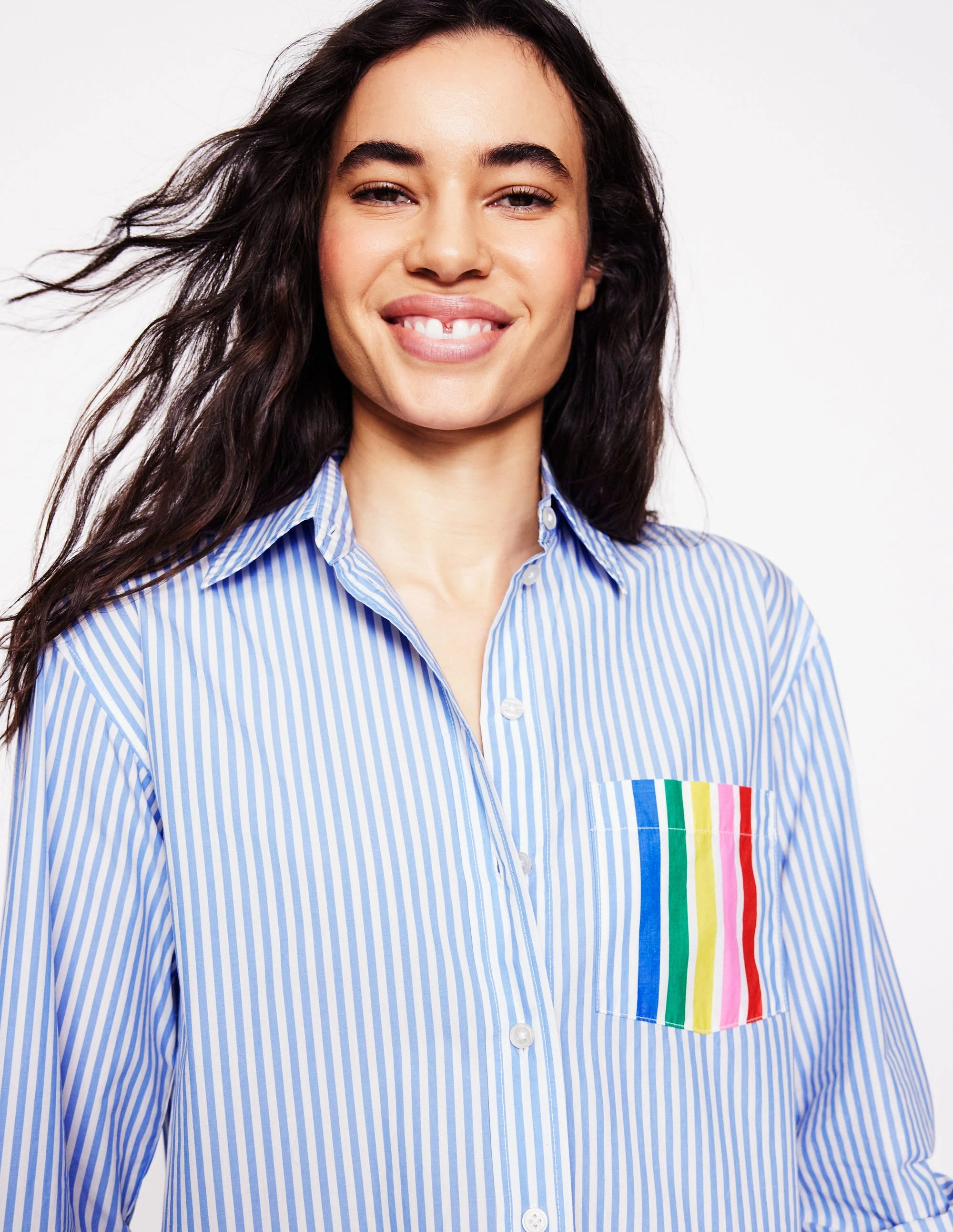 FasteningHood Sadie Relaxed Cotton Shirt-Rainbow Stripe Placement