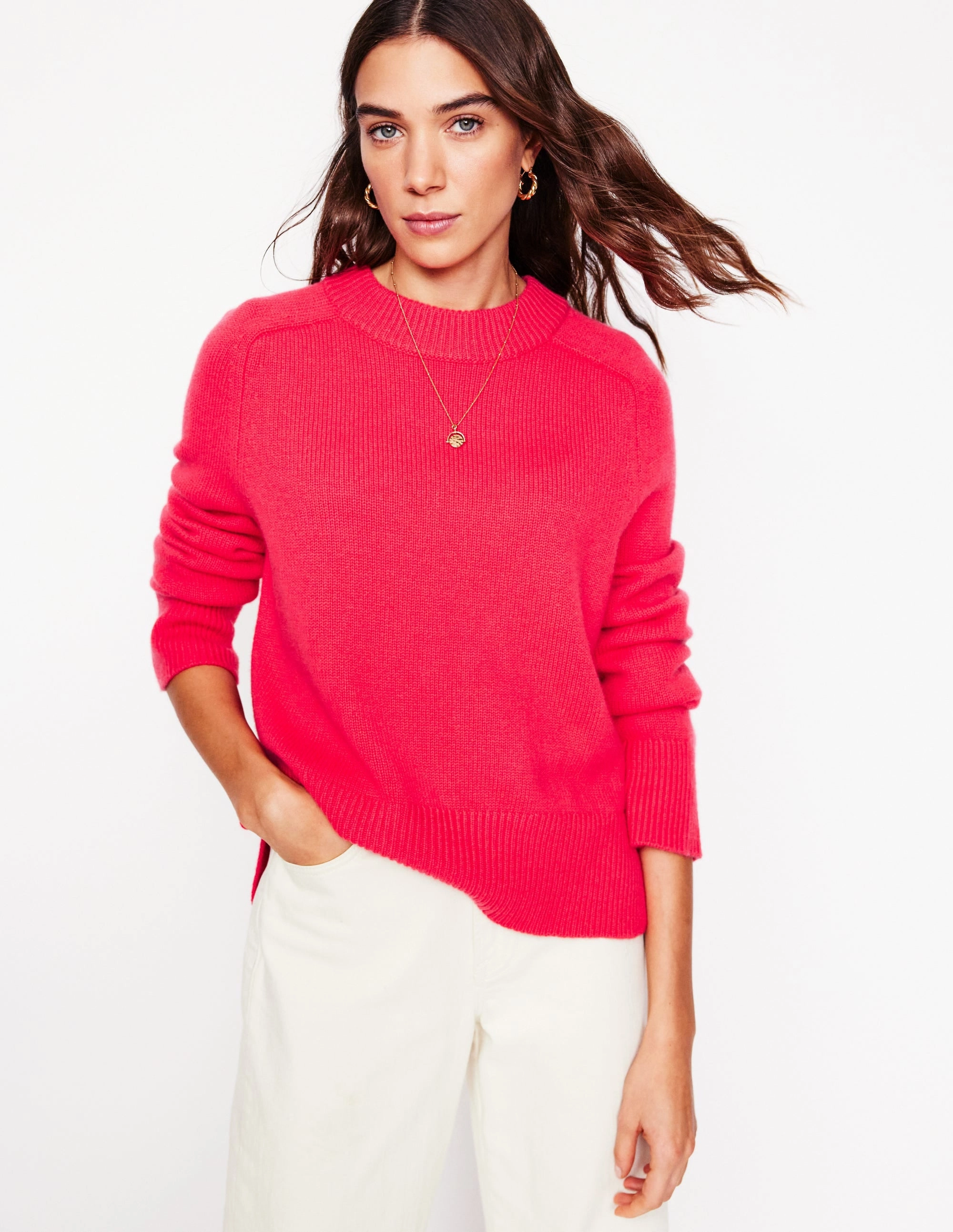 Wide Sleeve Cashmere Jumper-Camelia Pink Flatlock stitching