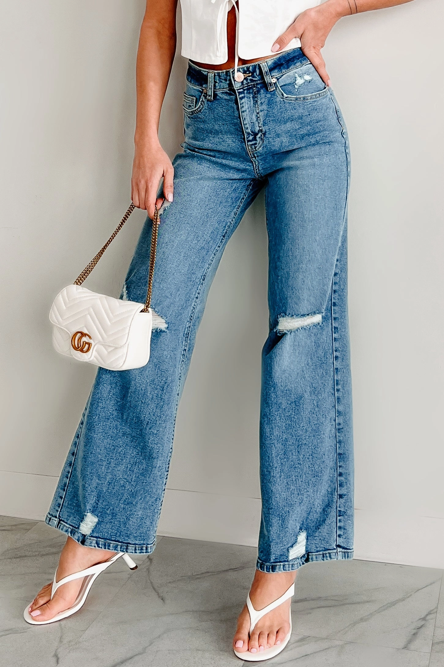 All Day Comfort Design Molly High Rise Wide Leg Distressed Indigo Reign Jeans (Medium Light)