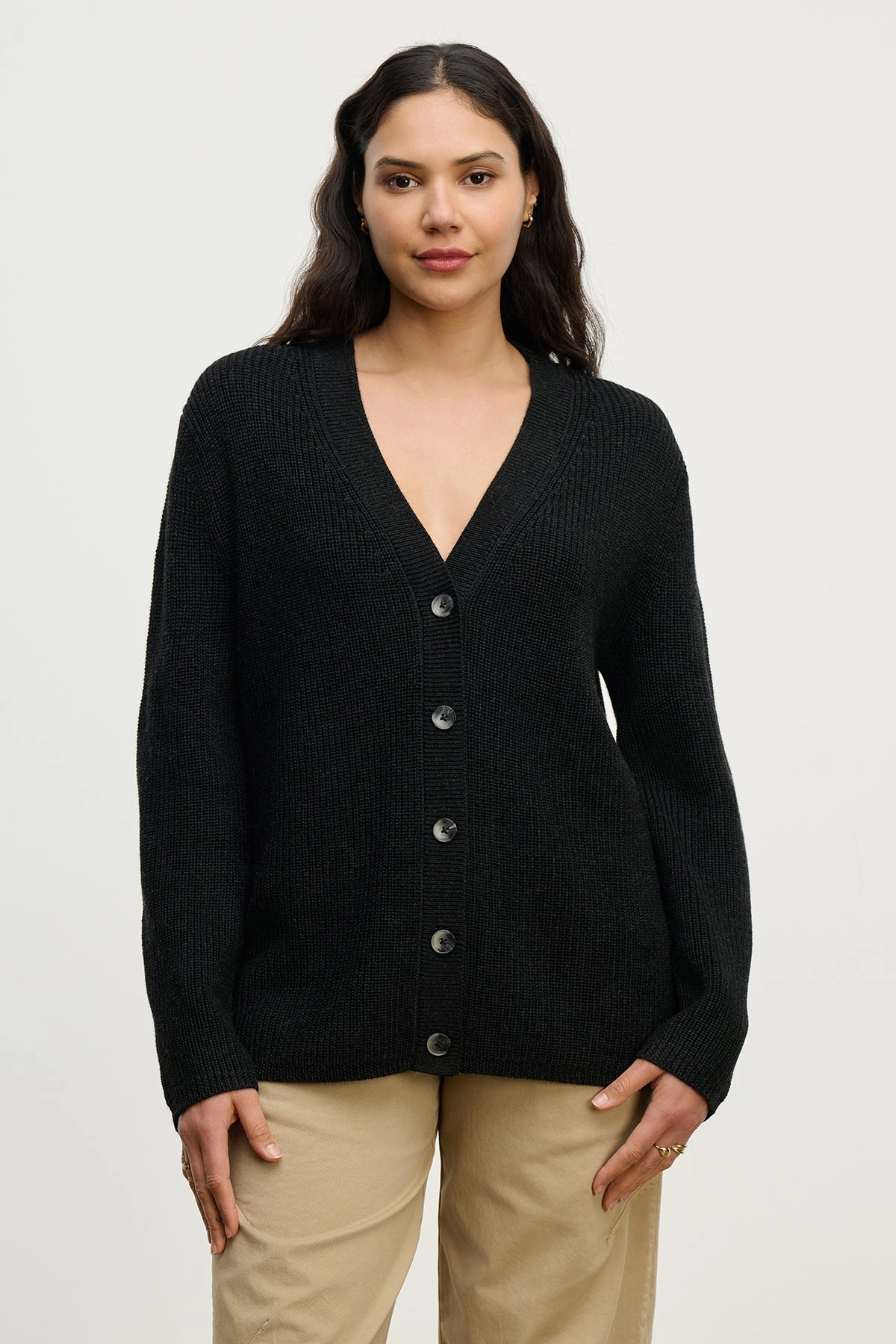 MultiPocket Configuration FlatlockStitching Monet V-Neck Cardigan in Pine