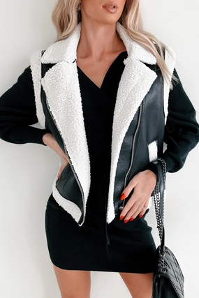 Montana Babe Sherpa Trim Faux Leather Vest (Black) Durable Double Stitching Bonded Edge Finish