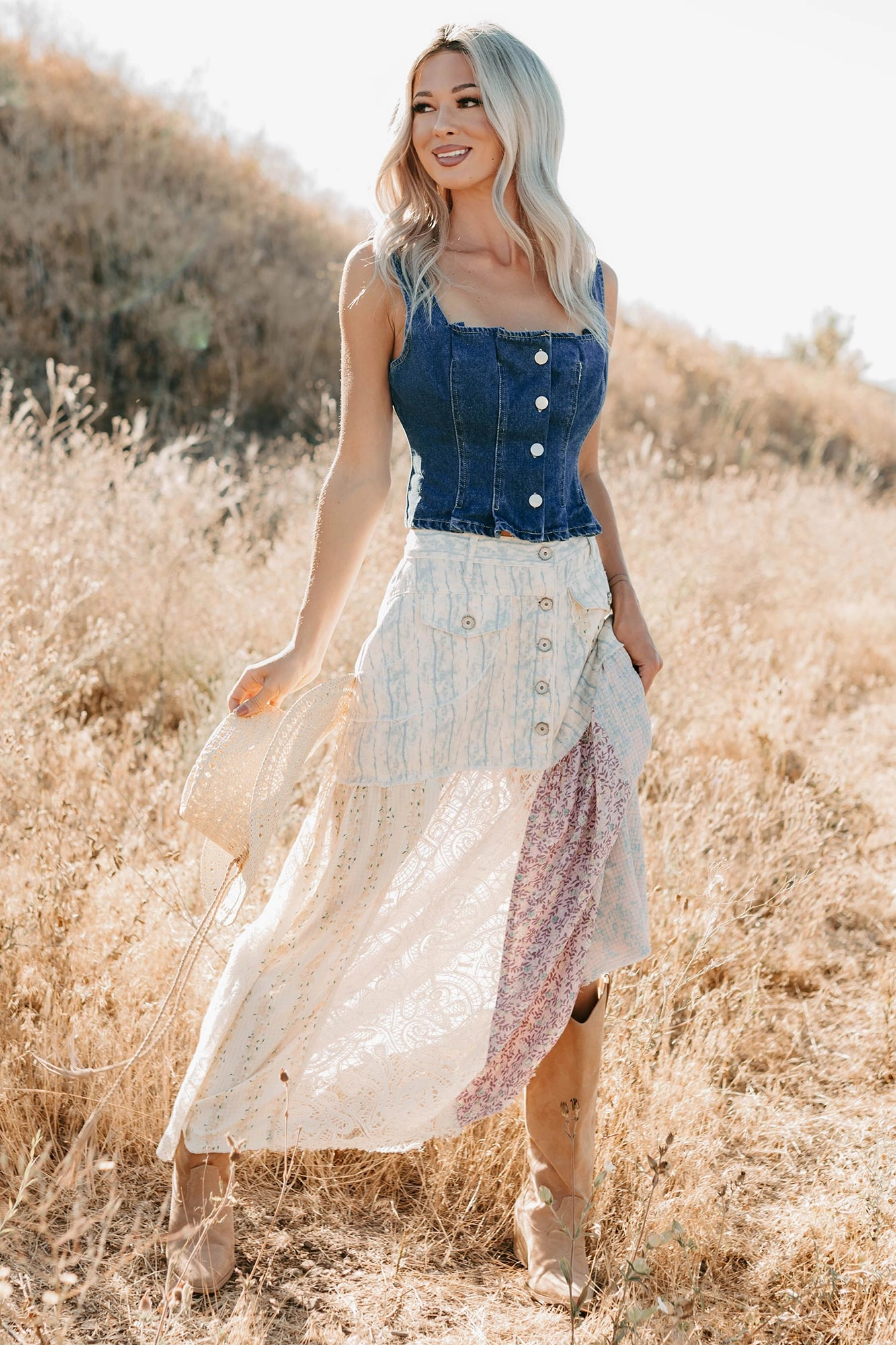 Chic Look Moonlit Path Patchwork Maxi POL Skirt (Blue/Multi)