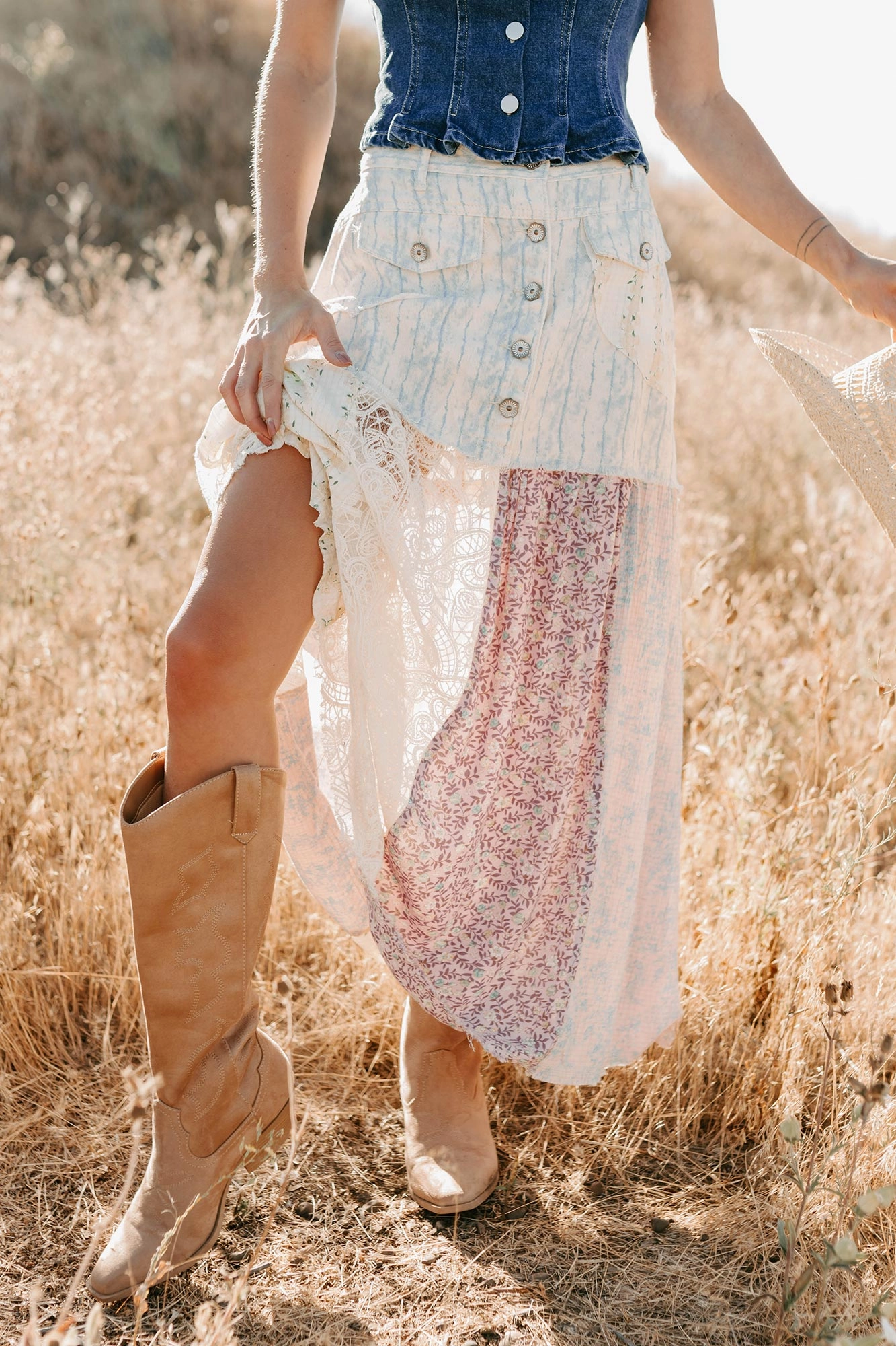 Stay Dry Cozy Layering Moonlit Path Patchwork Maxi POL Skirt (Blue/Multi)