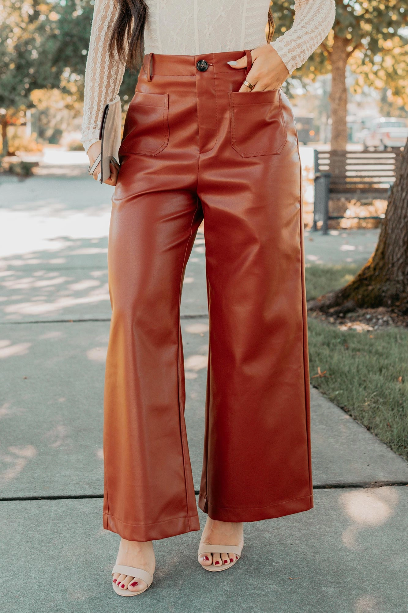 More Than Usual Wide-Leg Faux Leather Pant (Camel) Airy Feel