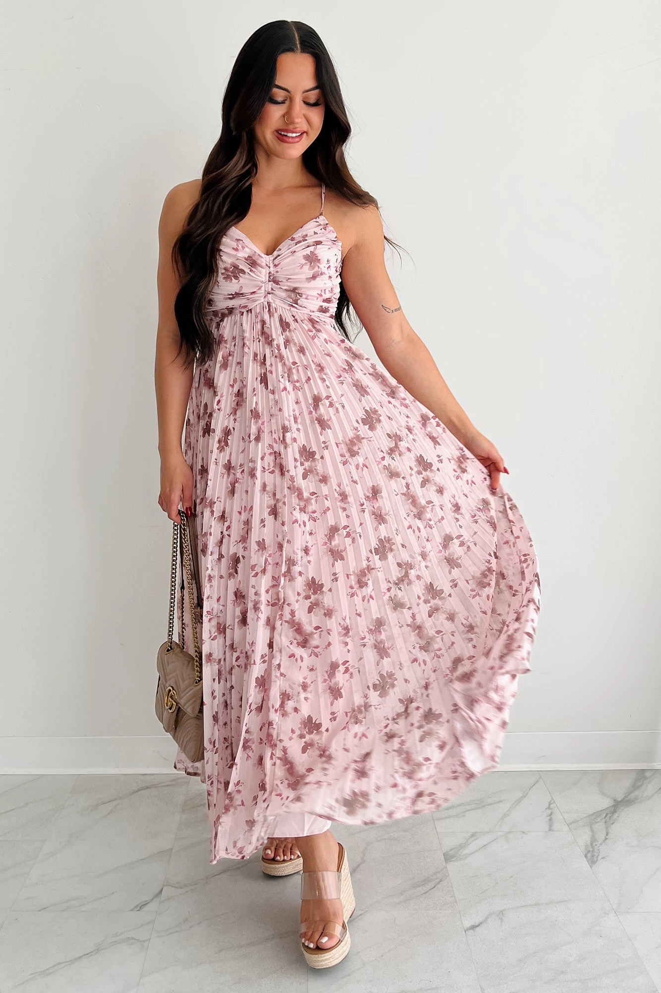 Morning Muse Pleated Floral Maxi Dress (Burgundy) Sleek Comfort Hidden Pocket