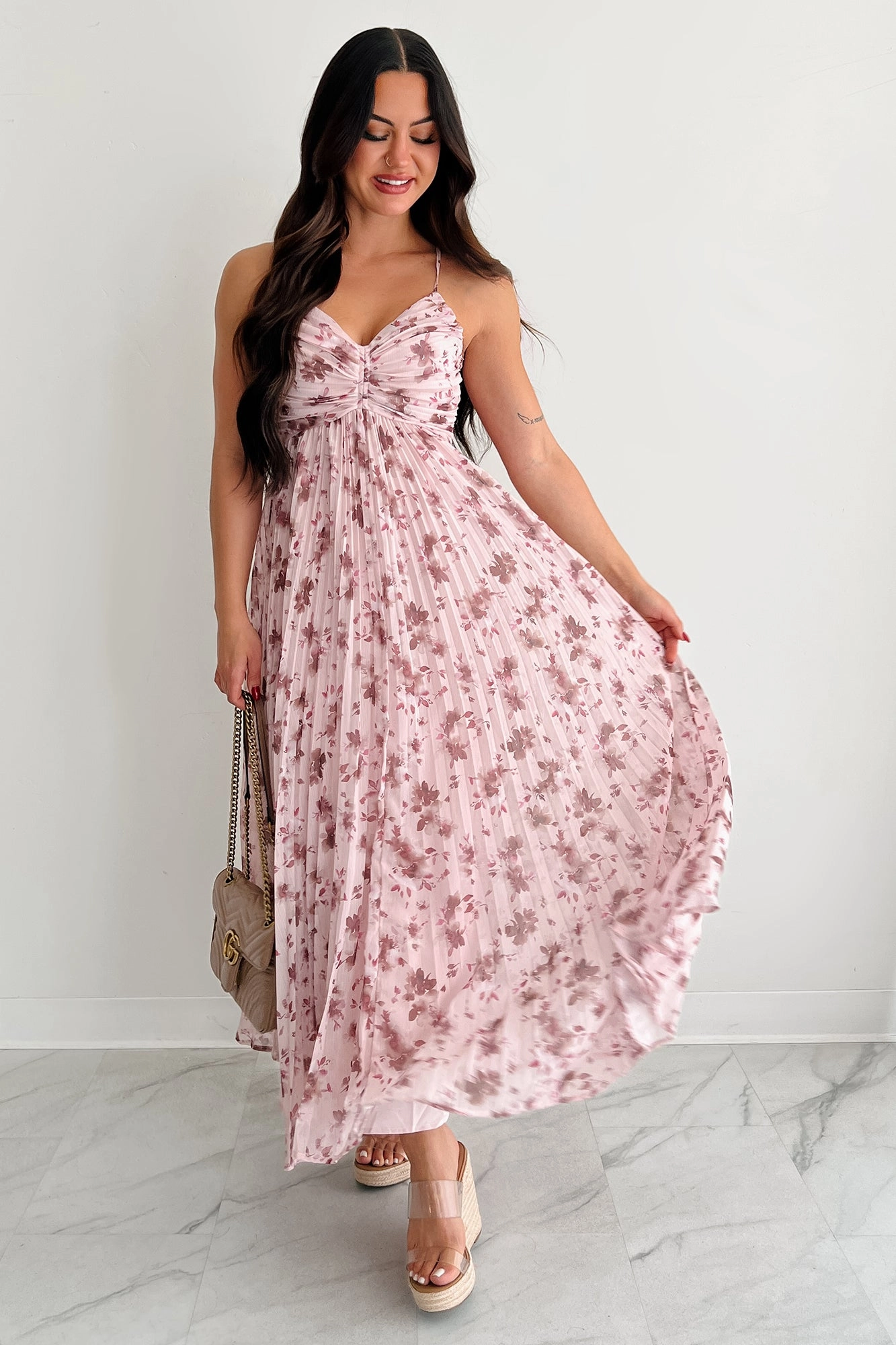 Tiered-Skirt Morning Muse Pleated Floral Maxi Dress (Burgundy)