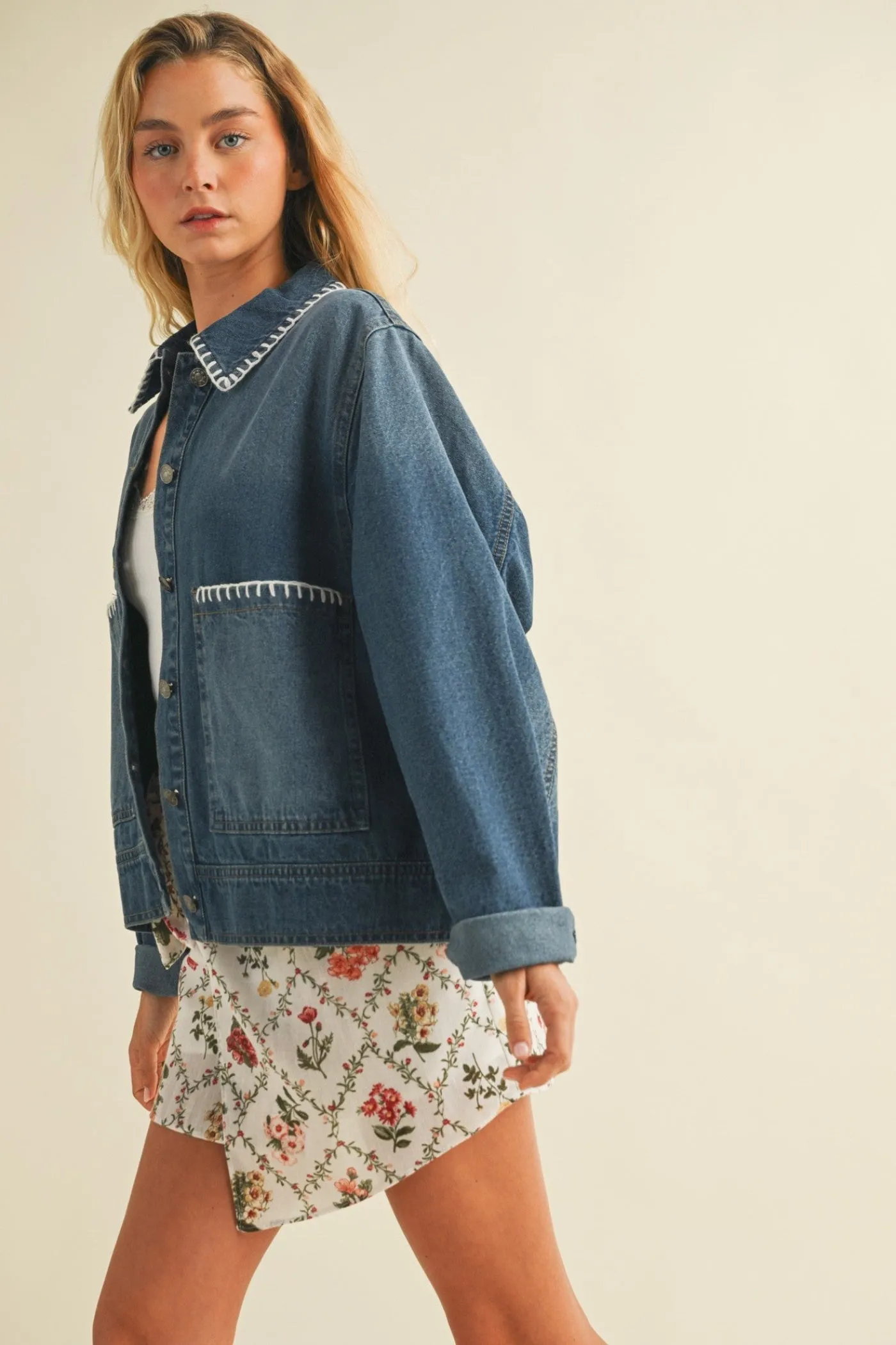 ALEX COLLARED DENIM JACKET Adjustable Hem Cuff
