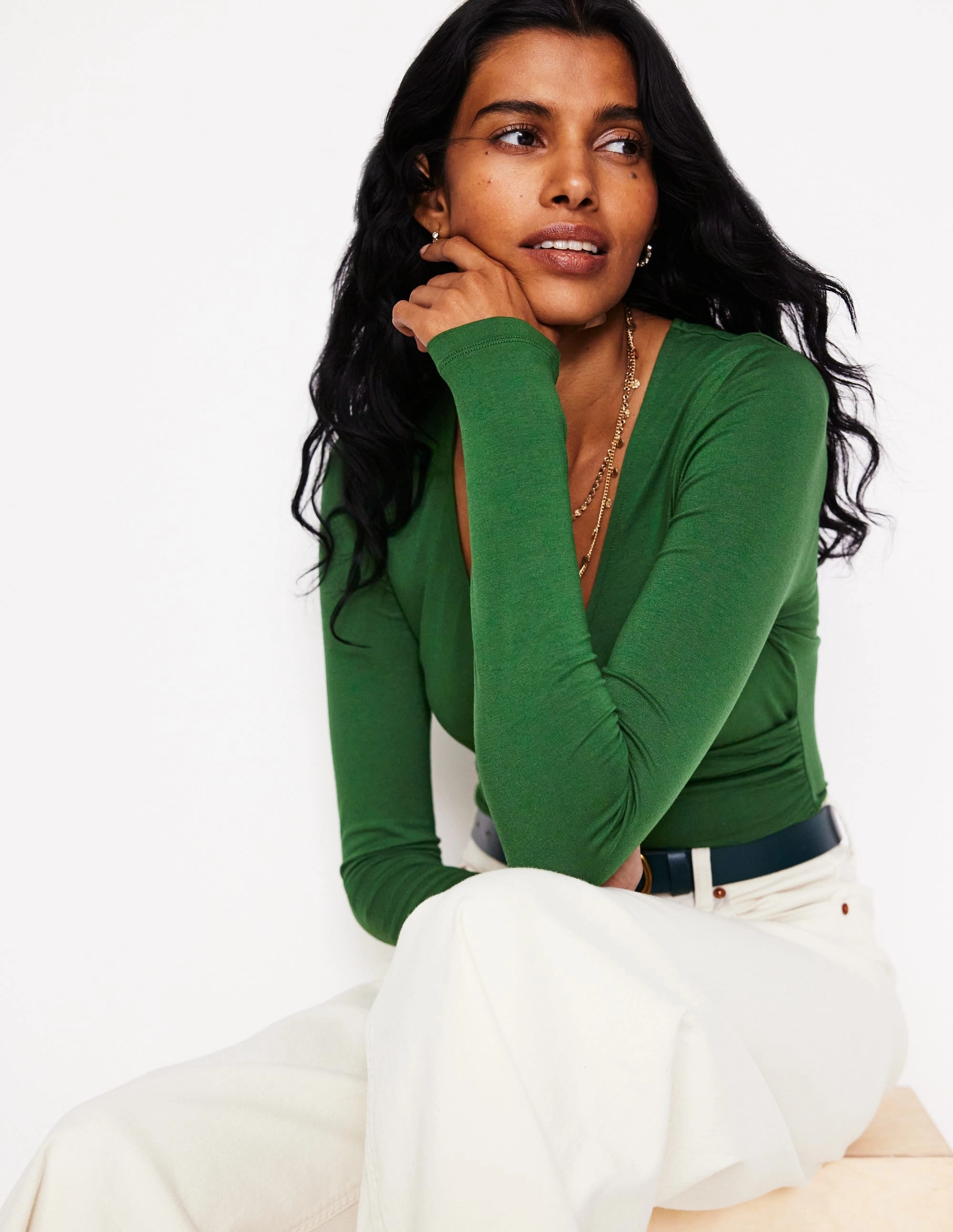 Sweat Absorbing Lining Long Sleeve Wrap Top-Pine