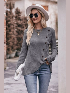 ROUND NECK BUTTON FITTING CORDUROY PULLOVER Convertible Design FlexibleCuffs