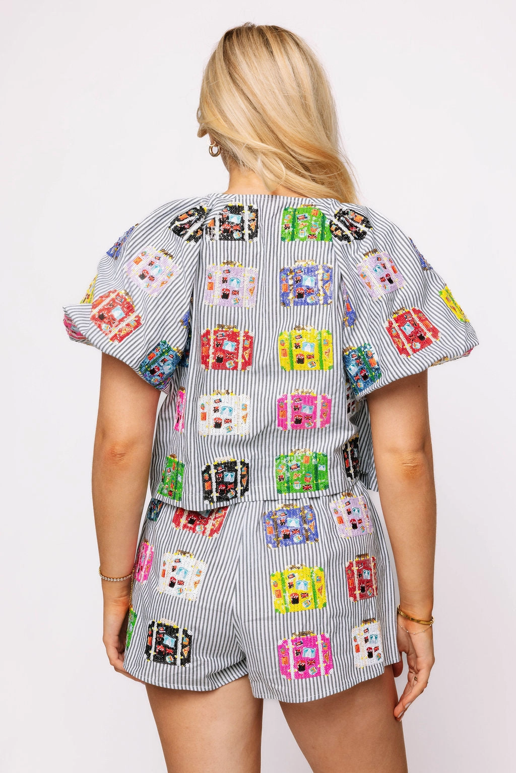 Easy Care Material Multi Vintage Suitcase Cotton Top in Black and White Stripe