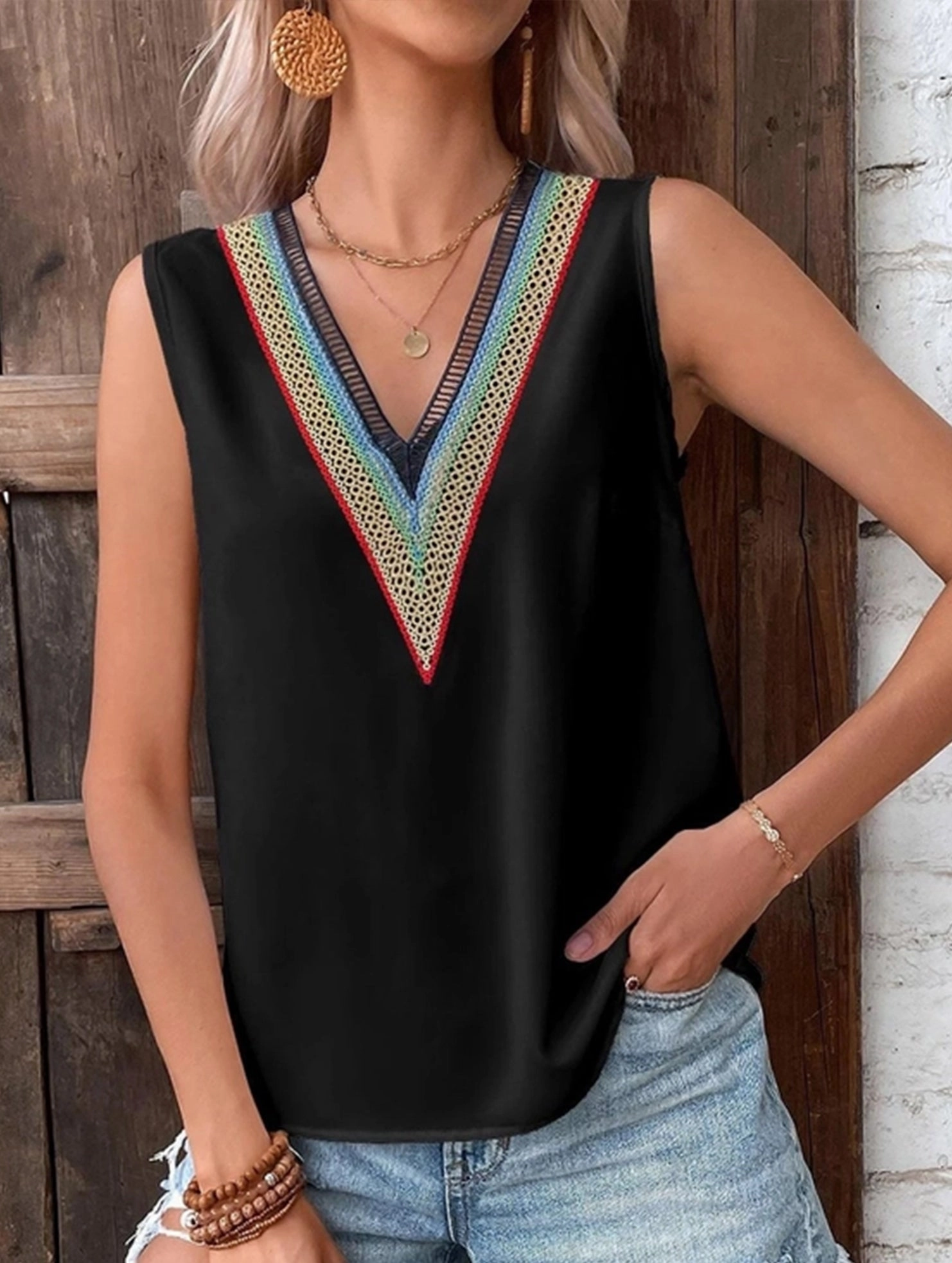 SnagProof MULTICOLOR LACE V NECK SLEEVELESS BLOUSE