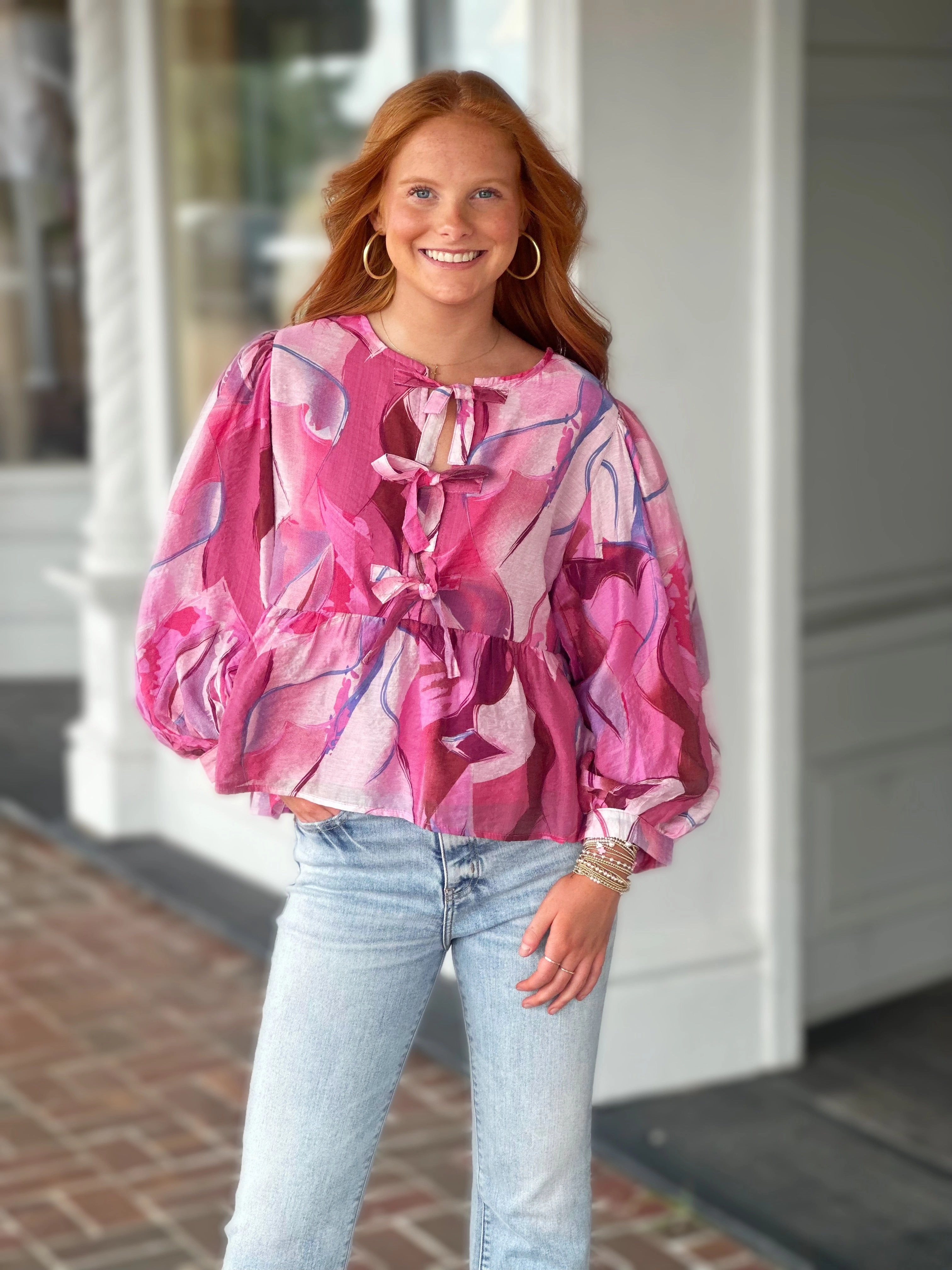 Bow Ties Peplum Floral Top in Hot Pink Mix DurableStitching