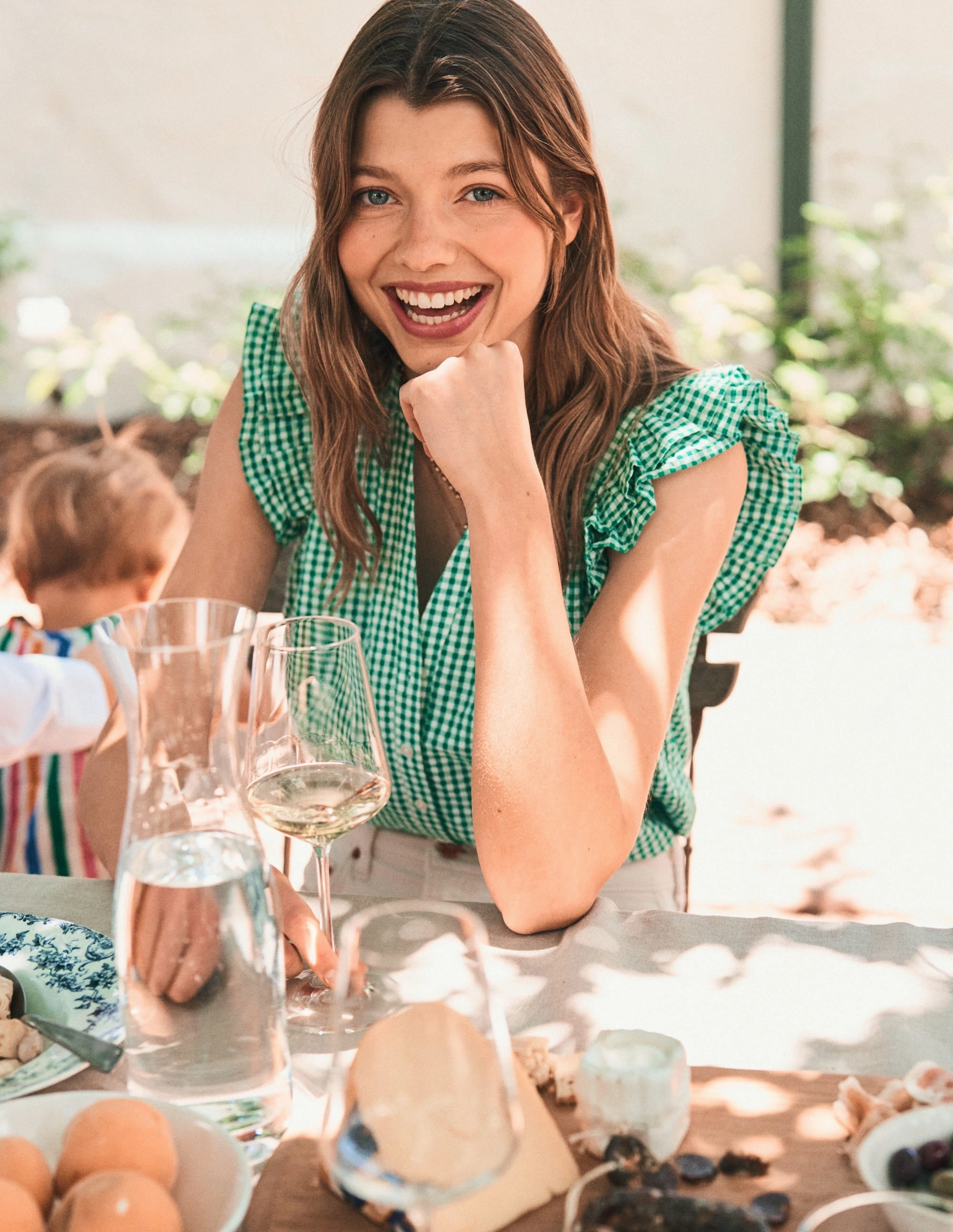 Resilient Elasticity Frill Sleeve Seersucker Top-Rich Emerald Micro Gingham