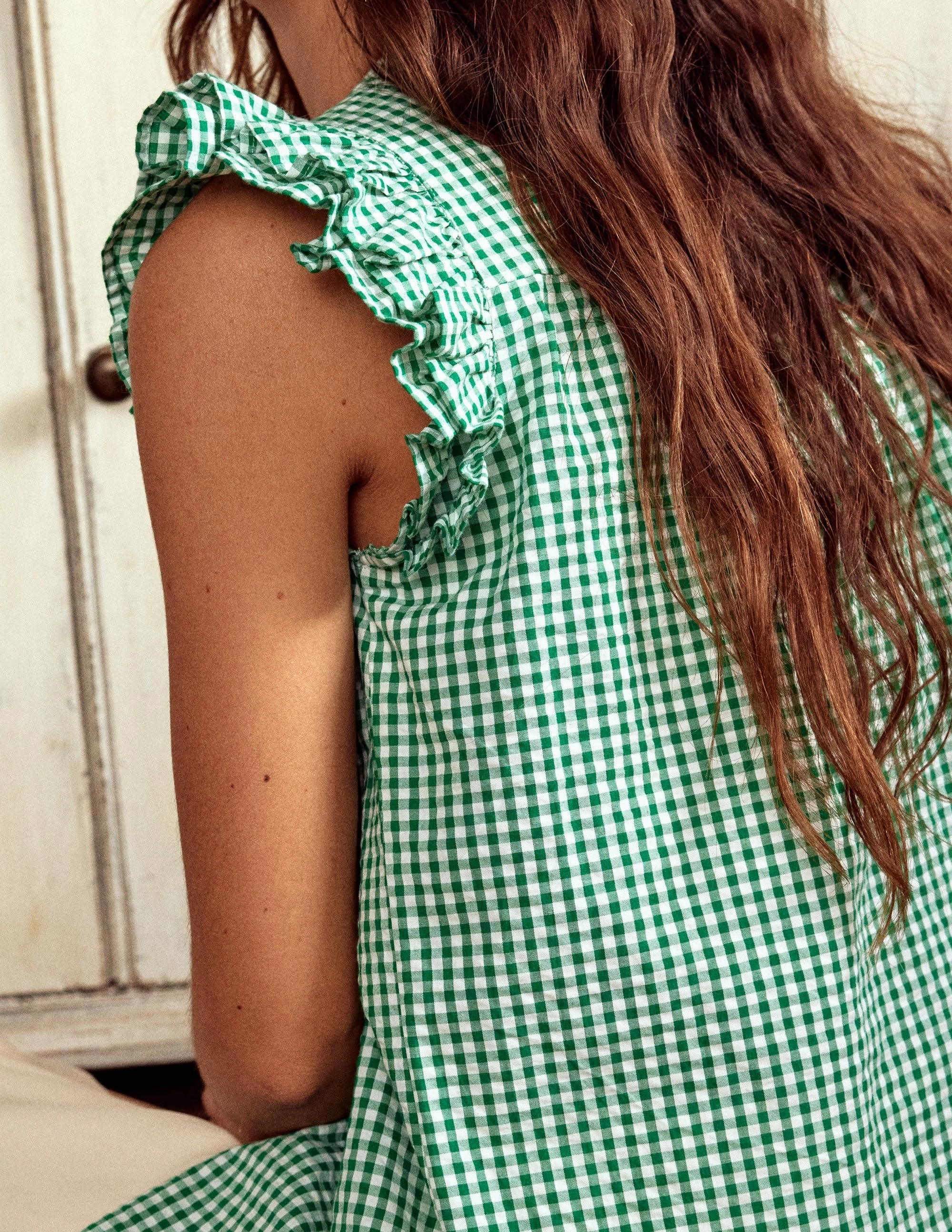 FlexibleMobility Frill Sleeve Seersucker Top-Rich Emerald Micro Gingham