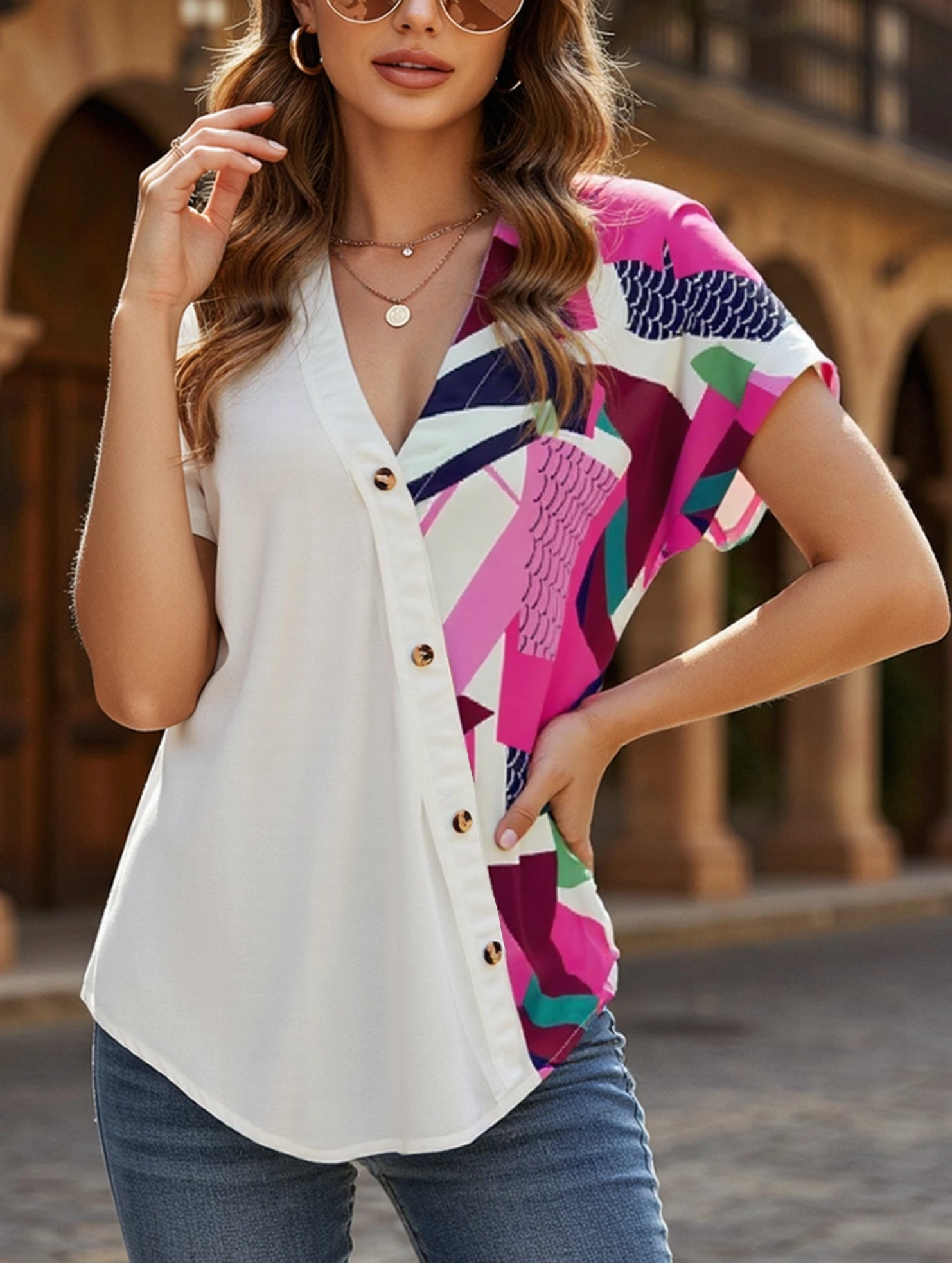 DoubleStitched Hem V-Neck Geometric Print Shoulder Loose Chiffon Top ??Lightweight & Breezy