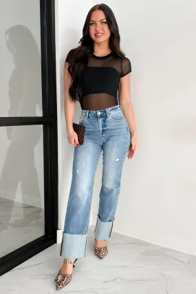 Balanced Wardrobe Myla Wide Leg Cuffed Distressed Risen Jeans (Medium)