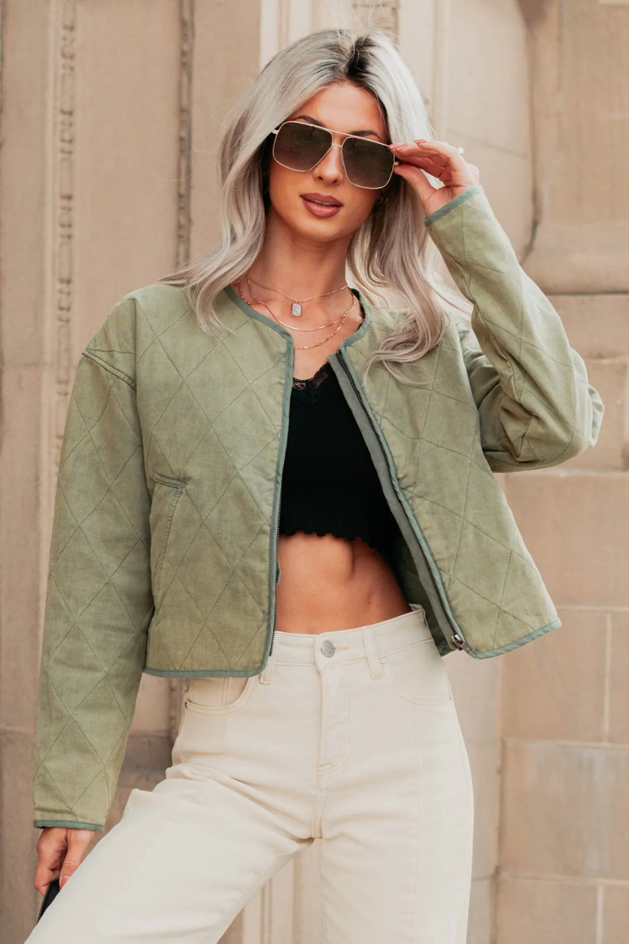 Natural Essence Quilted Zip-Up Jacket (Vintage Olive) Weather Resistant Coating Rainy Season