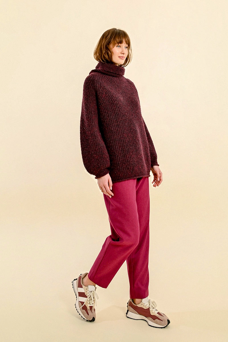Chunky Turtleneck Tunic Sweater in Marled Dark Red Raw Edge Finish