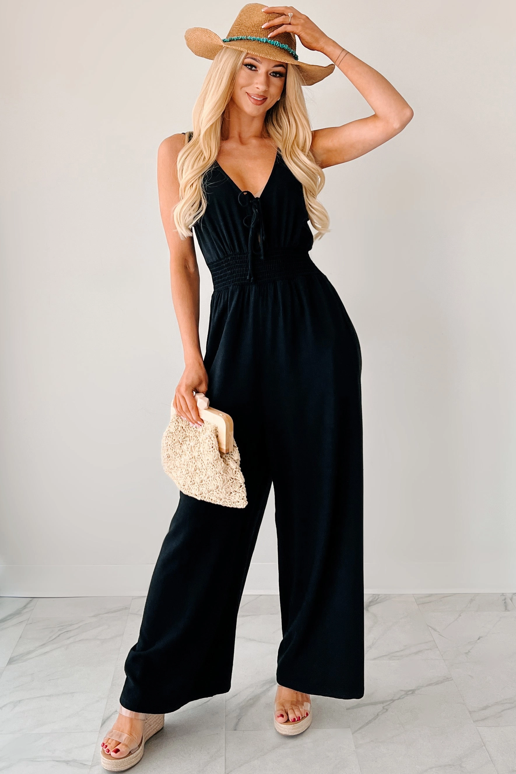 Nature's Glow Linen Smocked Waist Jumpsuit (Black) Urban Chic Euro Touch