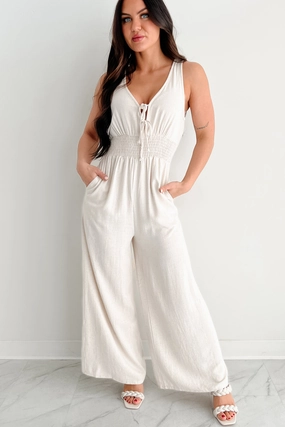 Classic Movement Nature's Glow Linen Smocked Waist Jumpsuit (Oat)