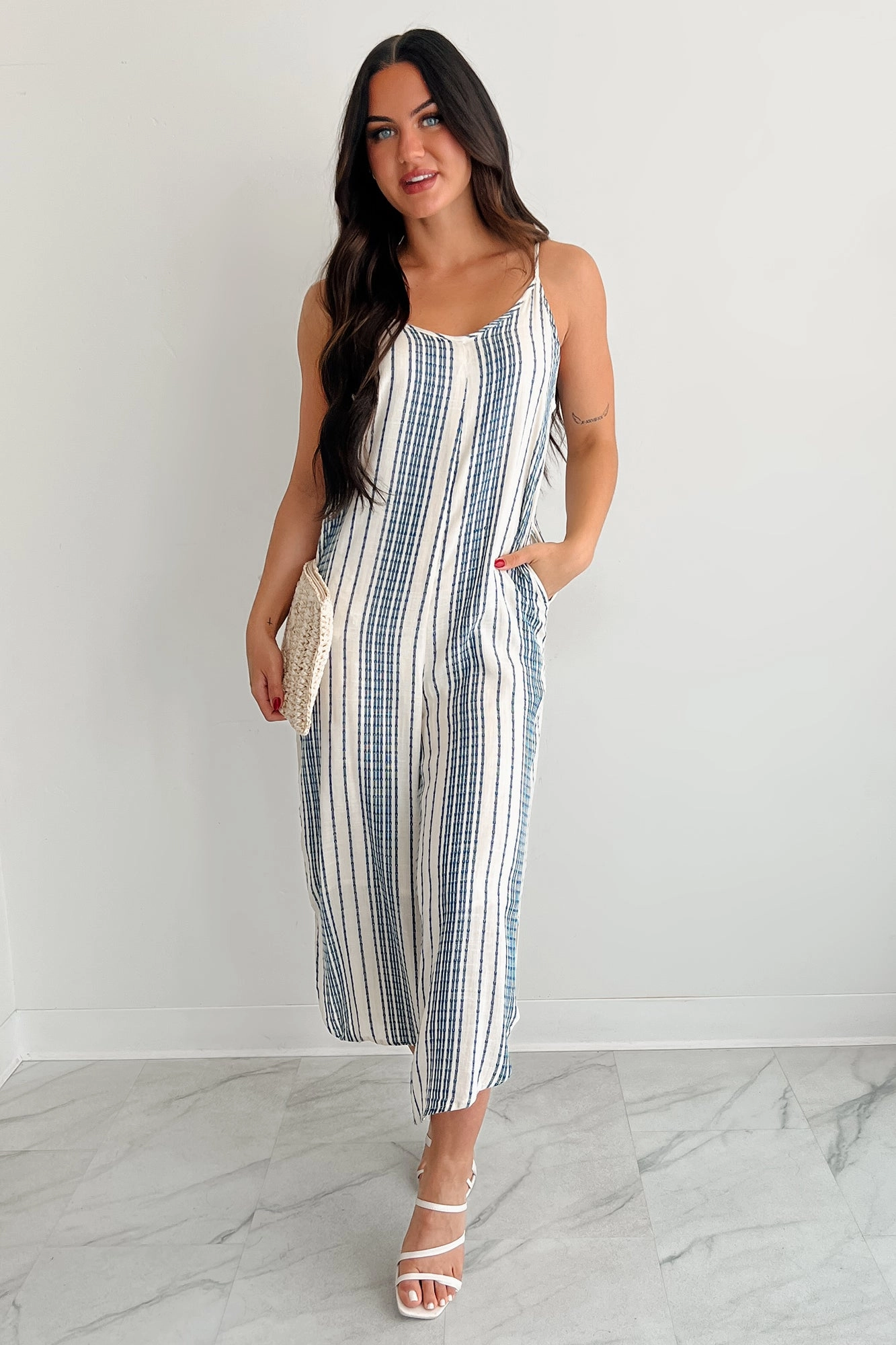 Worn With The Wind Sleeveless Striped Jumpsuit (Ivory/ Blue) Elegant Line Shape Retention