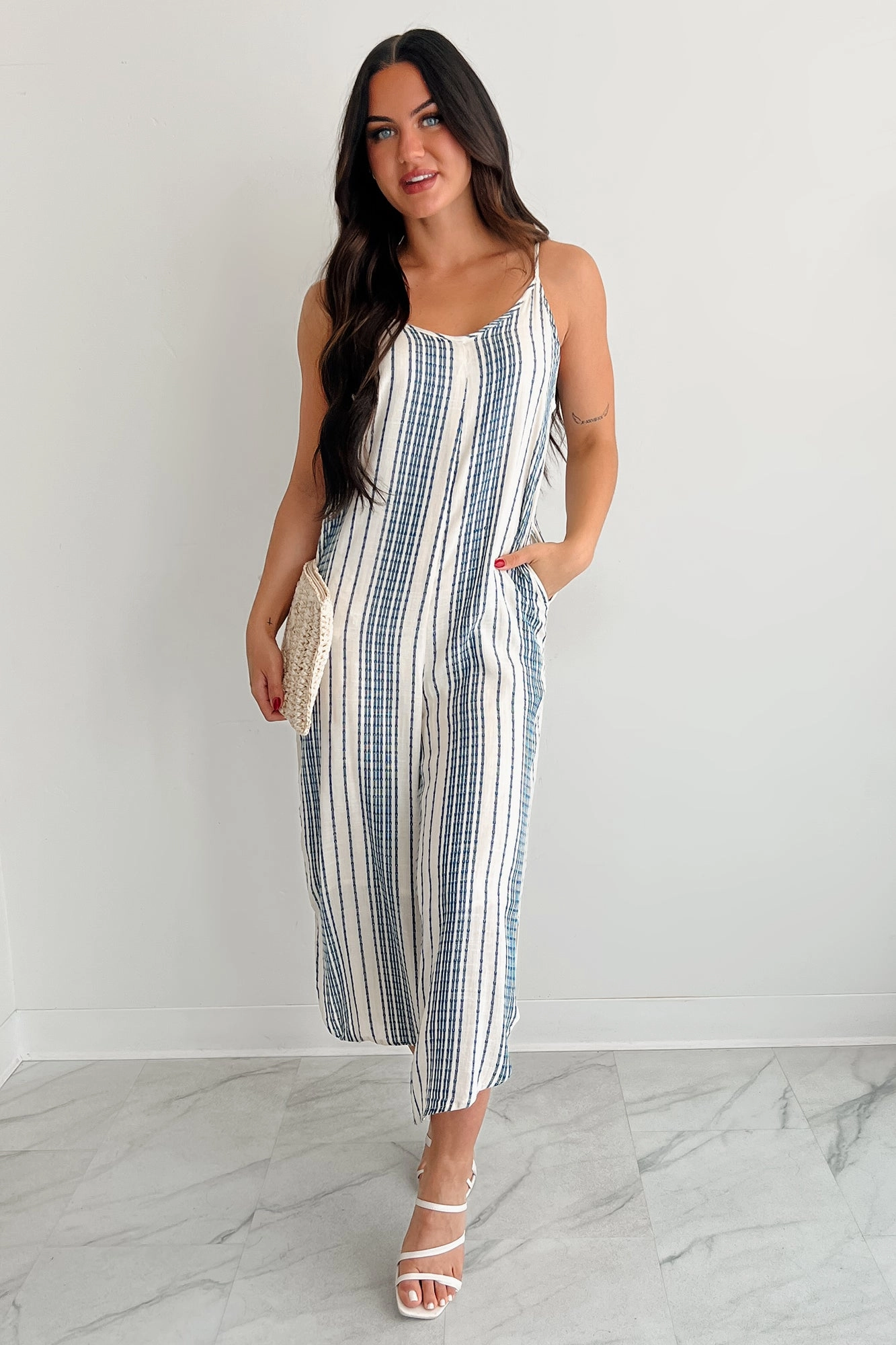 Worn With The Wind Sleeveless Striped Jumpsuit (Ivory/ Blue) Travel piece Back-Pocket